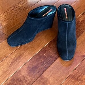 Prada Black Suede Wedge Clogs